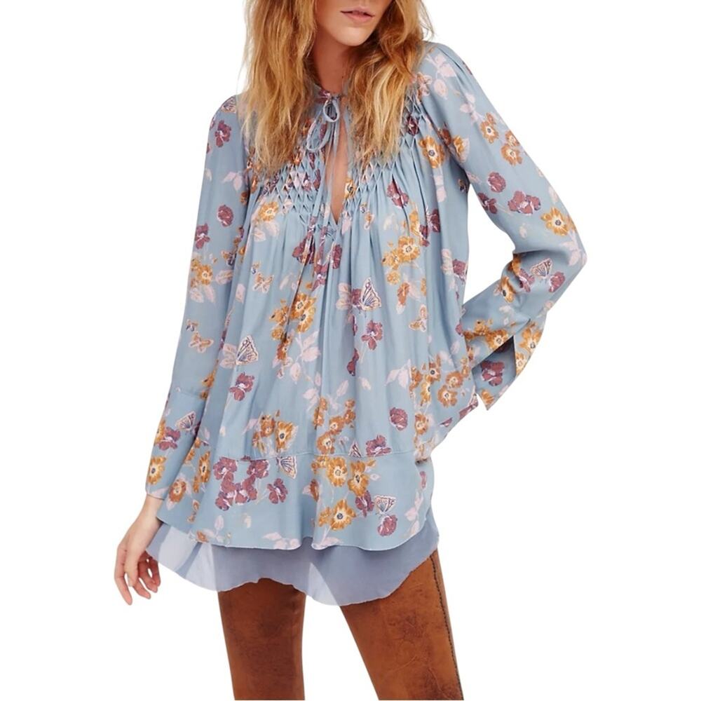 Free People So Fine Smocked Long Sleeve Floral Print Tunic Blouse MEDIUM
